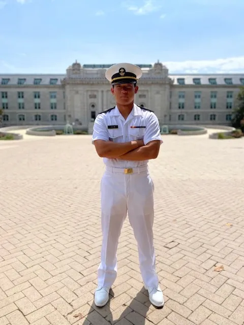 Alexander Liu in Naval Academy dress whites at Annapolis